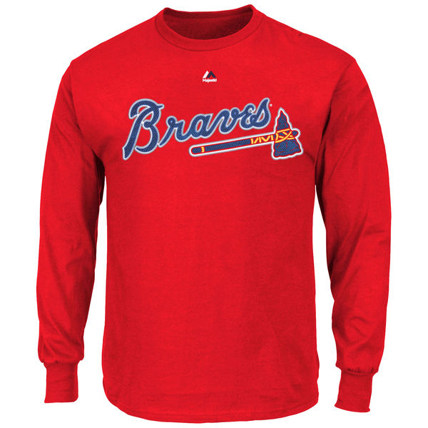 MLB Men Majestic Atlanta Braves New Wordmark Long Sleeve TShirt  Red